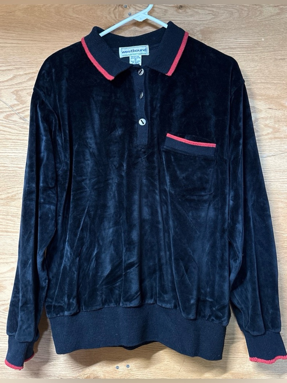 Westbound Vintage Black Velour Crewneck Sweater with Red Trim